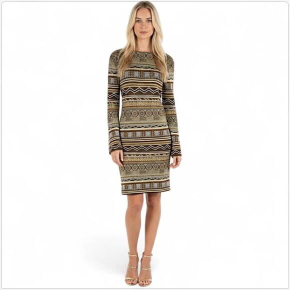 St. John Metallic Shimmer Gold Brown Fair Isle Aztec Pattern Knit Dress 8 10 ? - Picture 1 of 5
